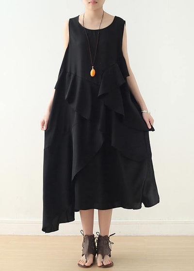 Loose sleeveless chiffon Long Shirts Catwalk black asymmetric hem Art Dress summer - SooLinen