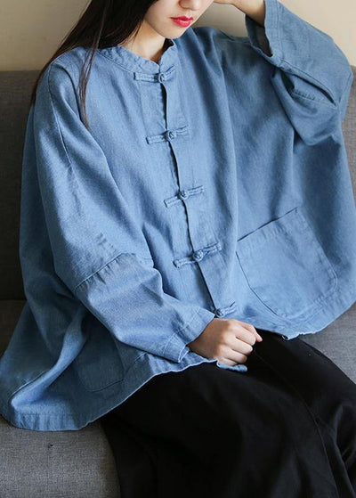 Loose stand collar Chinese Button clothes For Women Sleeve denim light blue shirts - SooLinen