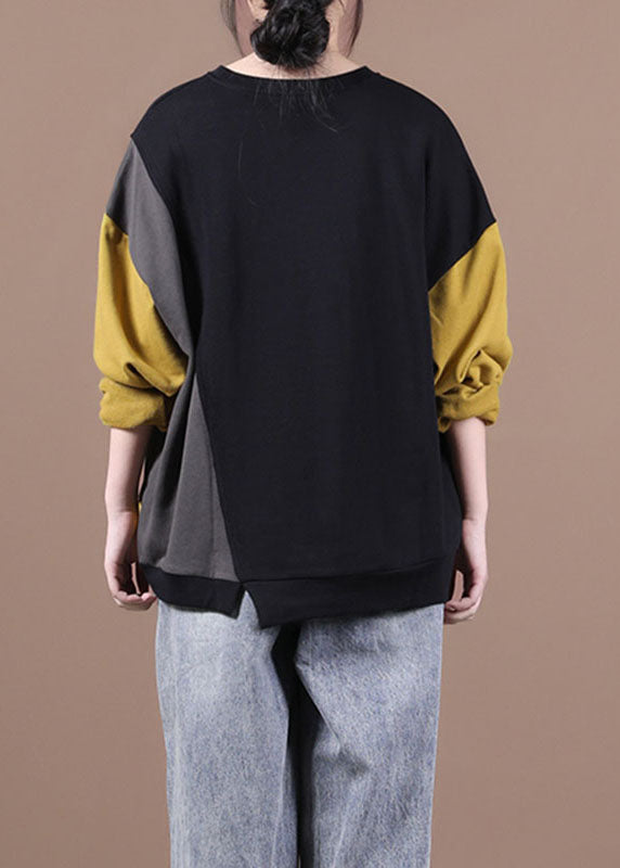 Luxury Black Patchwork Yellow Loose Fall Sweatshirt Street Wear