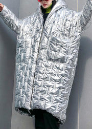 Luxury silver Parkas for women Loose fitting hooded zippered coats - SooLinen