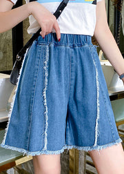 Modern Blue Elastic Waist Patchwork Tassel Cotton Denim Hot Pants Summer