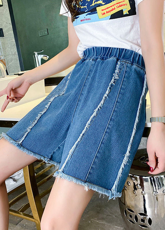 Modern Blue Elastic Waist Patchwork Tassel Cotton Denim Hot Pants Summer