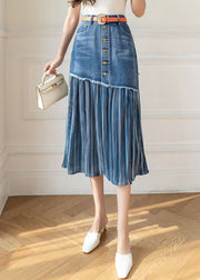 Modern Blue High Waist Sashes Asymmetrical Patchwork Cotton Denim Skirts Summer