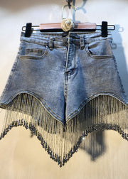 Modern Denim Blue Button Diamonds Tassel Cotton Shorts