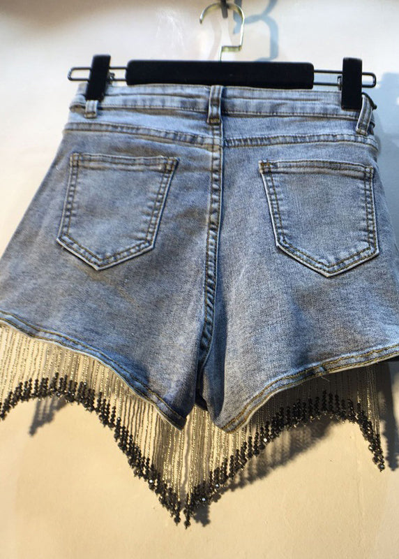 Moderne Denim-Shorts aus blauer Baumwolle mit Diamanten und Quaste