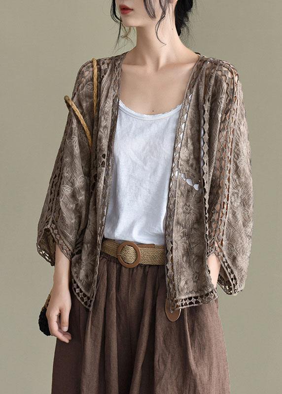 Modern Khaki Jacquard Hollow Out Cotton Short Cardigans - SooLinen