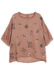 Modern Pink Regular Embroideried Summer Floral Half Sleeve - SooLinen