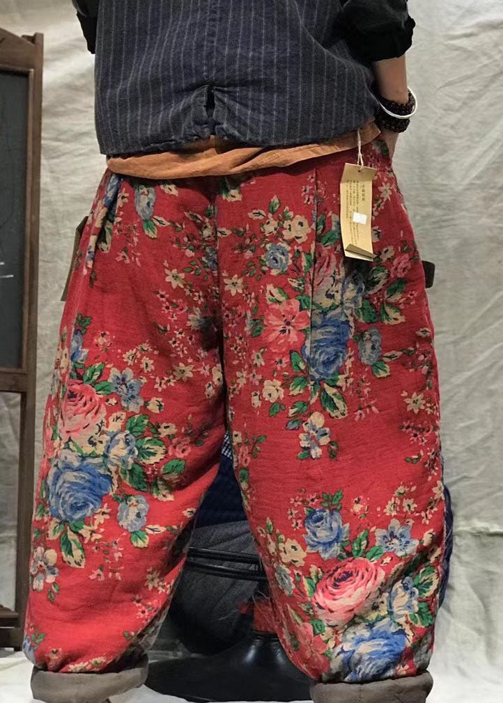 Modern Red Oriental Print Thick Harem Winter Pants