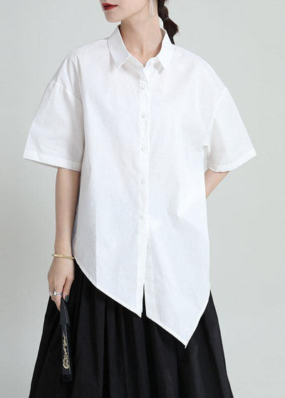 Modern White Patchwork Asymmetrical Design Summer Cotton Blouses Half Sleeve - SooLinen