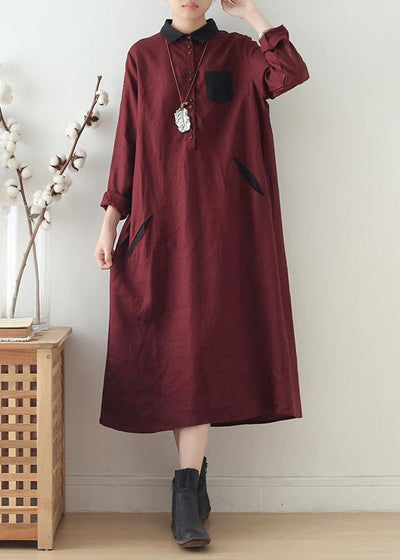 Modern burgundy linen Wardrobes lapel pockets Maxi fall Dresses - SooLinen