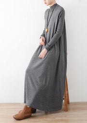 Modern high neck Batwing Sleeve falltunic dressWork gray robes Dress - SooLinen