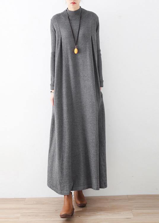 Modern high neck Batwing Sleeve falltunic dressWork gray robes Dress - SooLinen