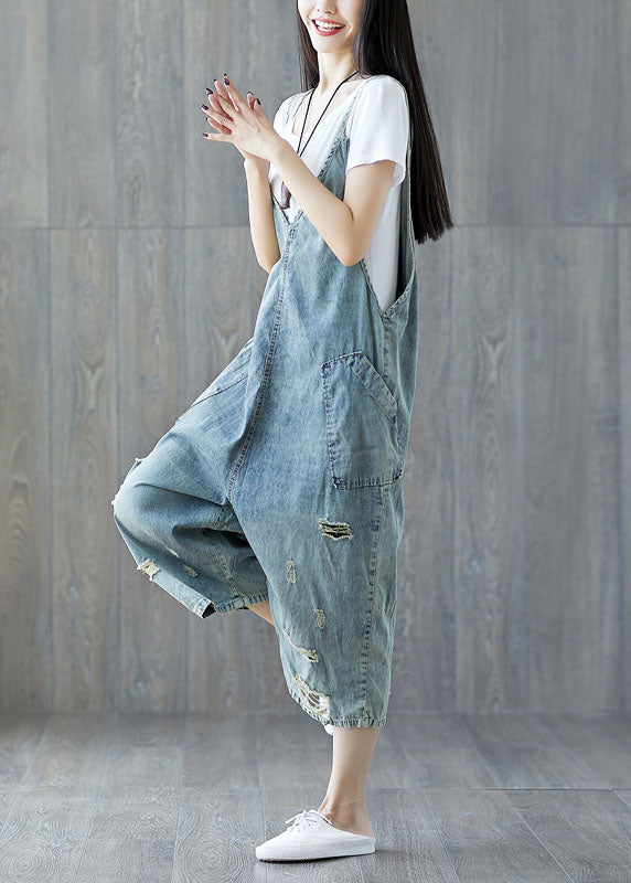 Modern light Blue pockets ripped Jeans loose Jumpsuit Spring