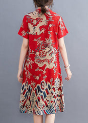 Modern o neck Chinese Button tunic dress pattern red Dragon pattern Dresses - SooLinen