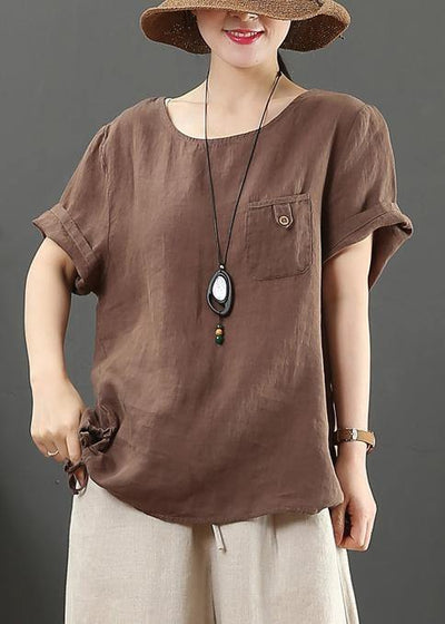 Modern o neck pockets linen summer clothes Fashion chocolate blouse - SooLinen