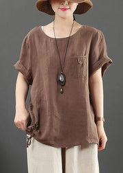 Modern o neck pockets linen summer clothes Fashion chocolate blouse - SooLinen