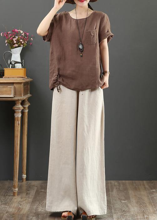 Modern o neck pockets linen summer clothes Fashion chocolate blouse - SooLinen