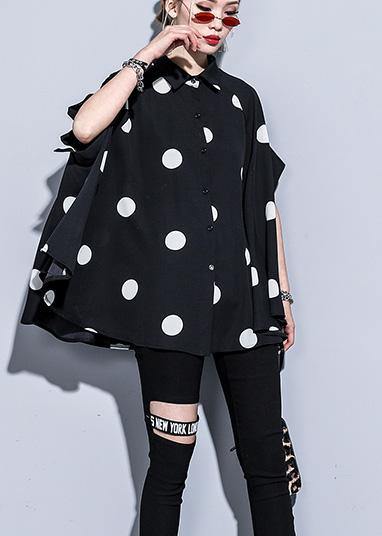 Mu black dotted chiffon clothes For Women 18th Century Catwalk lapel Art Summer Dress - SooLinen