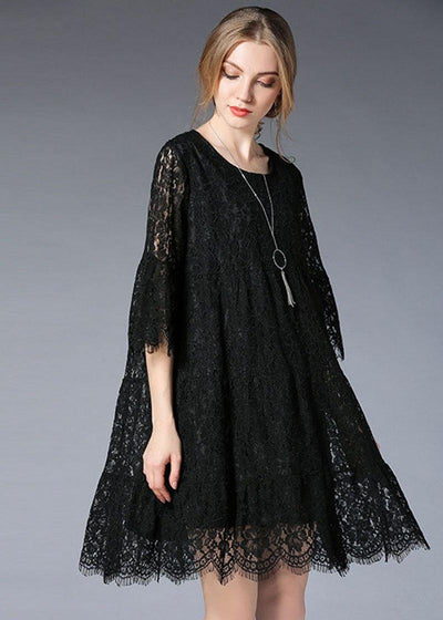 Natural Black Flare Sleeve Hollow Out Spring Holiday Dress - SooLinen