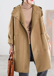 Natural Khaki Hooded Pockets Woolen Coats Winter