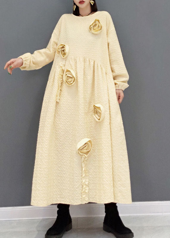 Natural Khaki O-Neck Cinched Floral Robe Dresses Spring