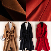 Natural Notched tie waist Fashion Woolen Coats women blouses blue silhouette outwears - SooLinen