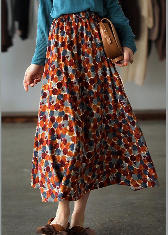 Natural Orange Print Quilting Skirt Elastic Waist Robes Spring Skirt - SooLinen