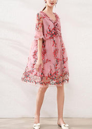 Natural Pink Embroidery Lace Bow Summer Dress - SooLinen