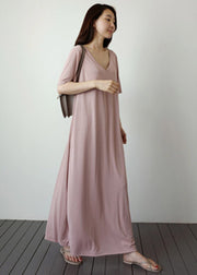 Natural Pink V Neck Cotton Long Dress Short Sleeve