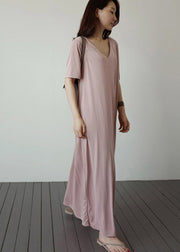 Natural Pink V Neck Cotton Long Dress Short Sleeve