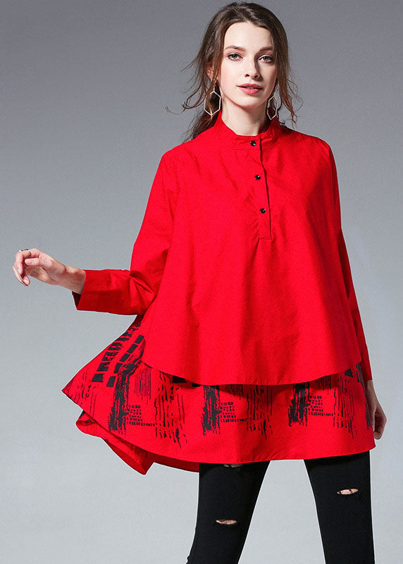 Natural Red Patchwork Print Button Fall Tops