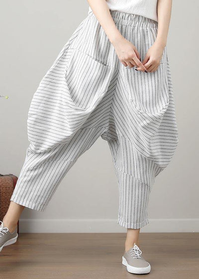 Natural Striped drop-crotch Cotton Linen  Pants Summer - SooLinen