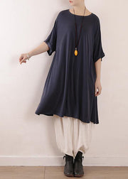 Natural blue short sleeve Silk Tunics o neck Art Dress - SooLinen