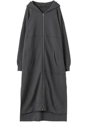 Natural dark gray  tunic coat hooded side open  women coats - SooLinen