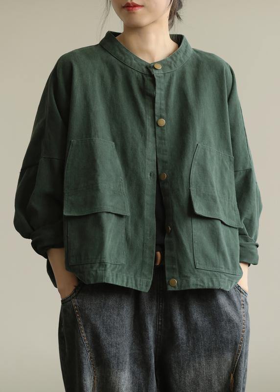 Natural stand collar Button Down Fine tunic coat green box jackets - SooLinen