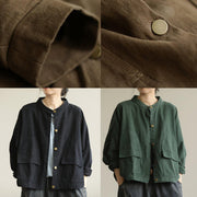 Natural stand collar Button Down Fine tunic coat green box jackets - SooLinen