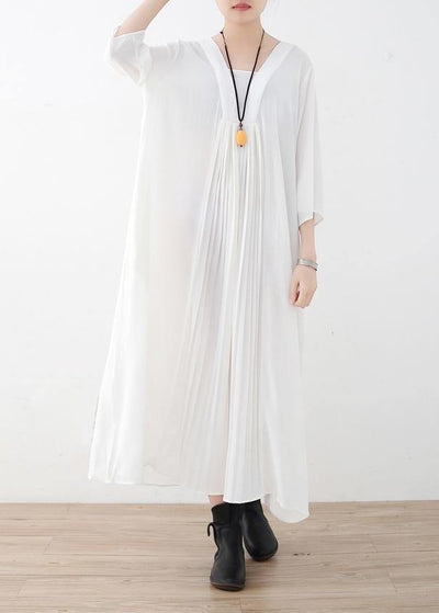 Natural Cinched chiffon Wardrobes design white v neck Traveling Dress summer - SooLinen