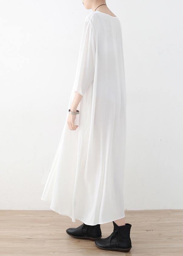 Natural Cinched chiffon Wardrobes design white v neck Traveling Dress summer - SooLinen