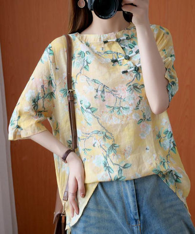 Natural yellow print tunic top o neck half sleeve Midi summer shirts - SooLinen