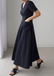 Navy Wrinkled Zippered Cotton Long Dresses Short Sleeve