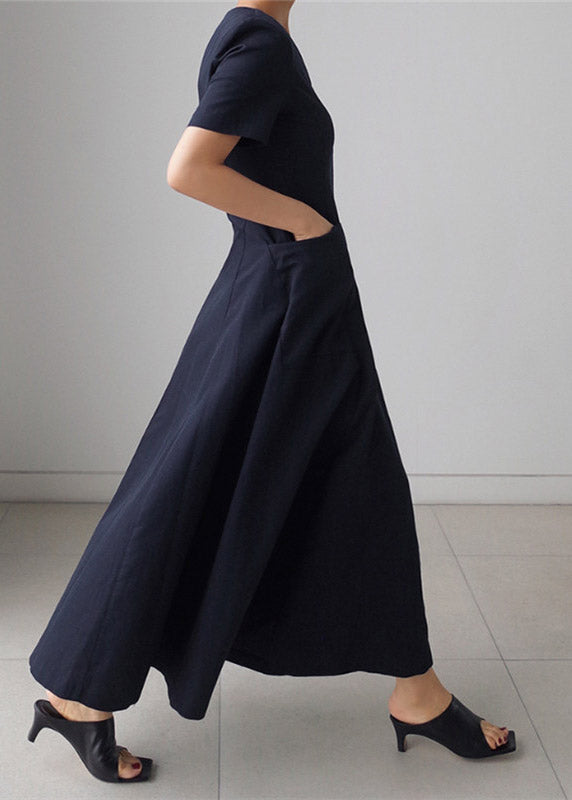 Navy Wrinkled Zippered Cotton Long Dresses Short Sleeve