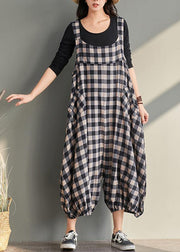 New cage pants casual plaid jumpsuit cotton and linen overalls women - SooLinen