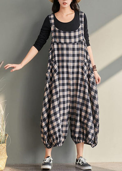 New cage pants casual plaid jumpsuit cotton and linen overalls women - SooLinen