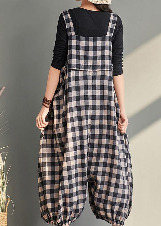 New cage pants casual plaid jumpsuit cotton and linen overalls women - SooLinen