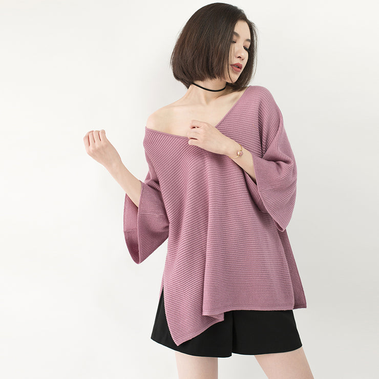 New pink sweater Loose fitting V neck knit sweat tops casual Batwing Sleeve top