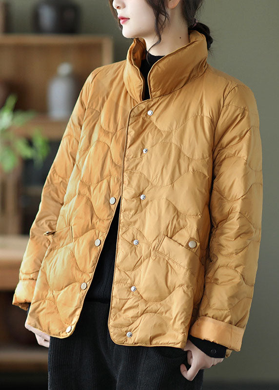 Orange Duck Down Stand Collar Loose Button Winter Down Coat