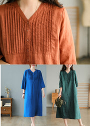 Orange Loose Linen Long Dresses Button Solid Half Sleeve