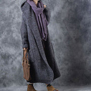 Organic Dark Gray Knit Hooded Pockets Fall Cardigan Long Sleeve