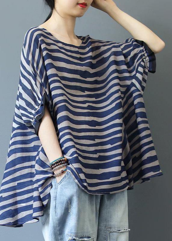 Organic Blue Striped Blouse O Neck Top Photography - SooLinen