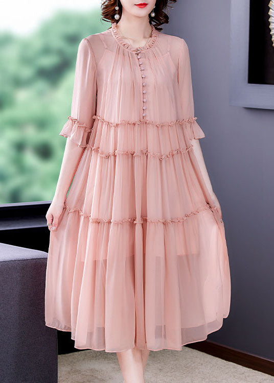 Organic Pink Ruffled Patchwork Silk Dresses Half Sleeve